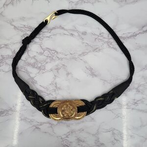Vintage 80s Black Rope Braided Belt With Gold Metal Floral Disk Accents
